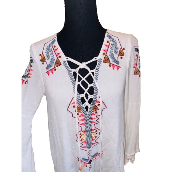 Lulus My Bell-Loved Ivory Embroidered Shift Tunic Top Peasant S Boho Cottage Cor - Picture 11 of 15